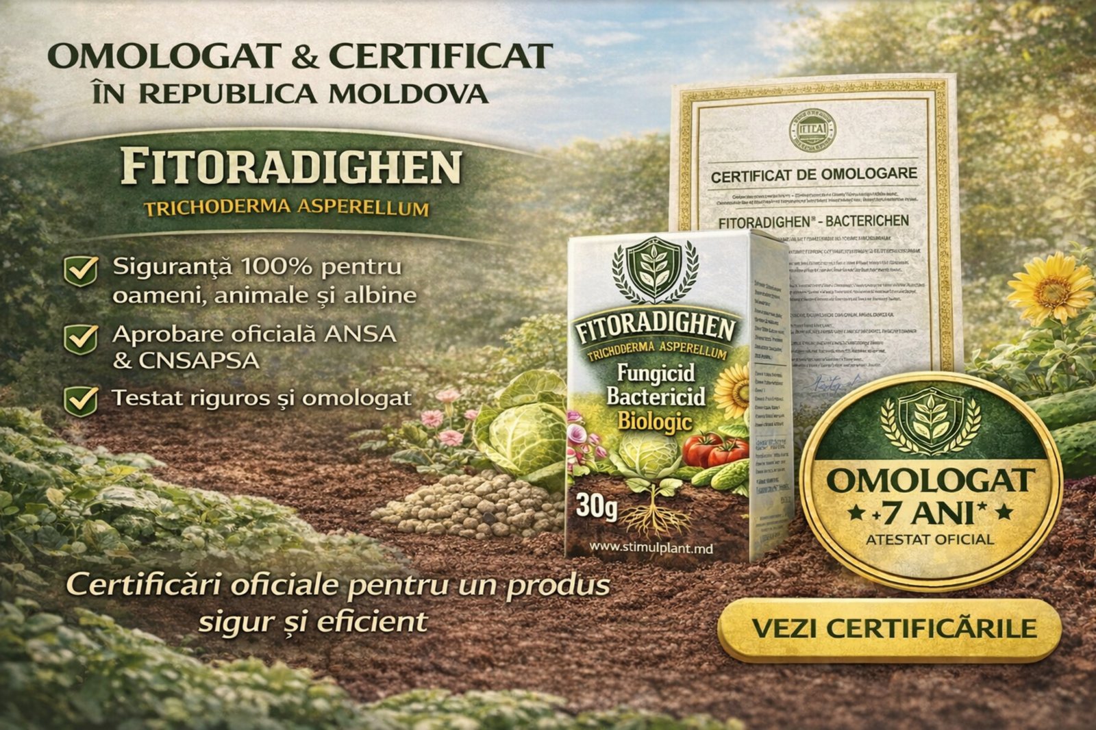 Banner FITORADIGHEN cu certificatul de omologare și confirmarea siguranței