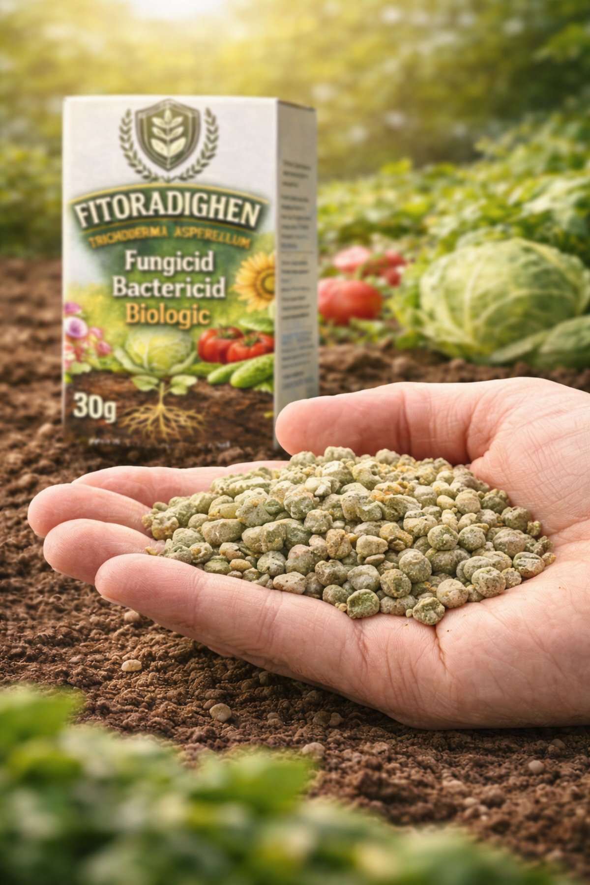 Granule FITORADIGHEN în mână pe fundalul cutiei produsului